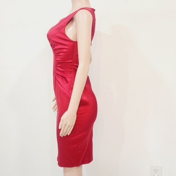 CACHE Sexy Hot Red Bodycon Ruched Satin Vintage Dress Size 6 - Picture 5 of 11